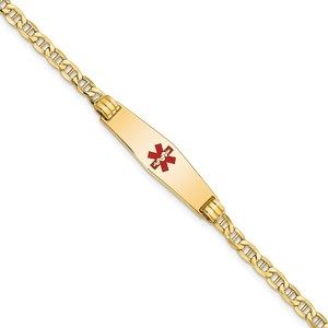 14k Gold Medical Semi-Solid Soft Diamond Shape Red Enamel Anchor ID Bracelet, 7"